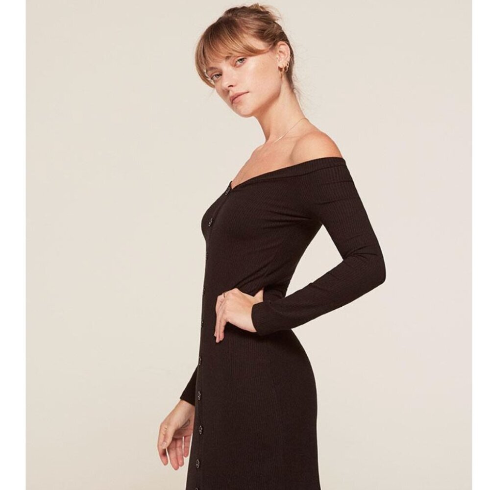 REFORMATION Cora Knit Ribbed Off Shoulder Midi Dress Black Size S $165 - Picture 2 of 8